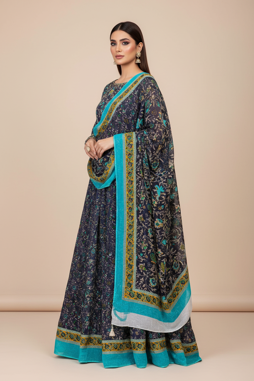 Pure China Crape 60 With Crinkle Chiffon Dupatta